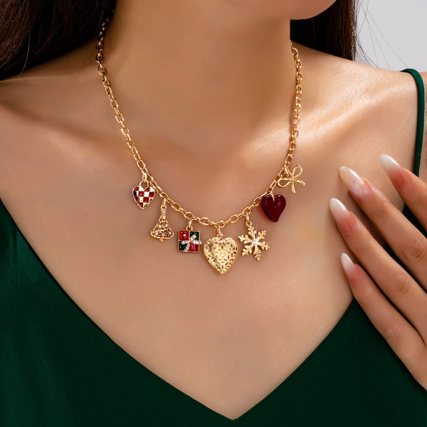 Christmas Checkered heart tree gift box Necklace | 80N93332