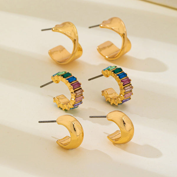 Multi Colored Baguette Twisted Hoop Trio Earring | 80E62566