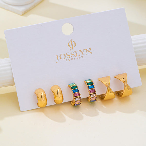Multi Colored Baguette Twisted Hoop Trio Earring | 80E62566