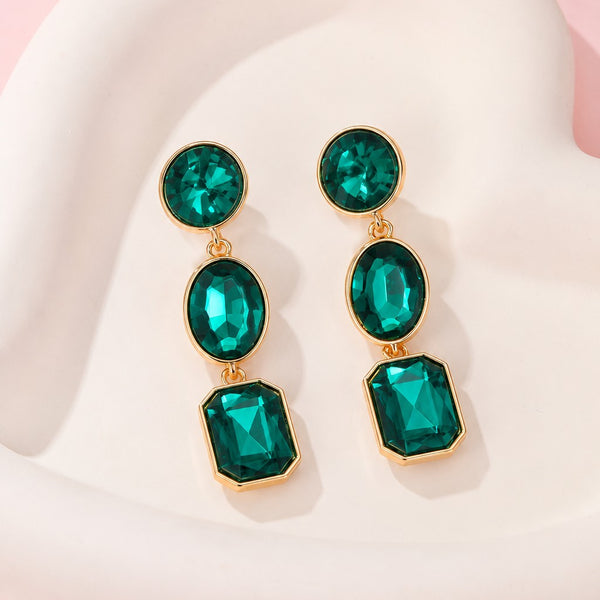 Triple-Drop Layer Fuchsia Emerald Rhinestone Earrings|40E526