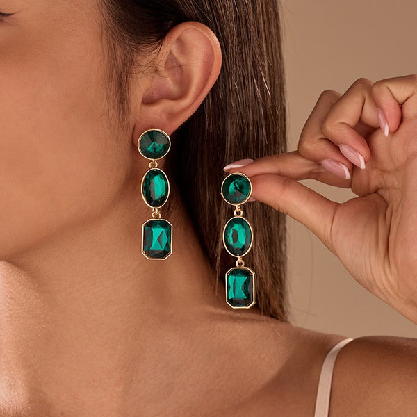 Triple-Drop Layer Fuchsia Emerald Rhinestone Earrings|40E526