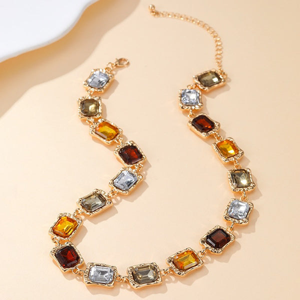 Emerald-Cut Earth Tone Crystal Collar Necklace | 40NK9748