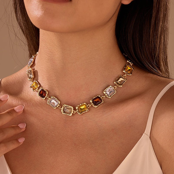 Emerald-Cut Earth Tone Crystal Collar Necklace | 40NK9748