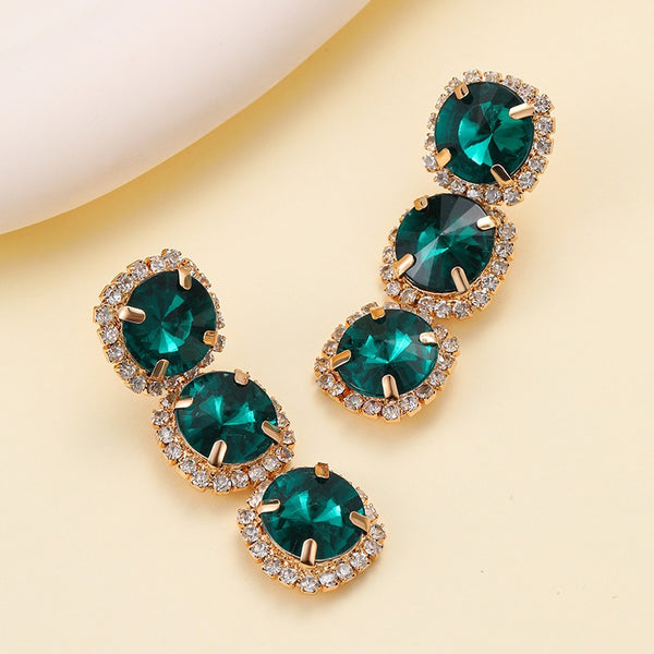 Triple-Drop Layer Emerald Ruby Rhinestone Earrings | 40E530