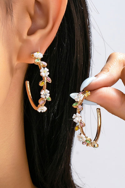 Botanical White Enamel Flowers Crystal Hoop Earrings | 80E62639