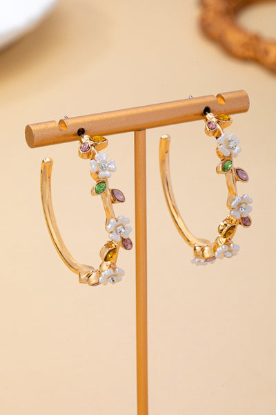 Botanical White Enamel Flowers Crystal Hoop Earrings | 80E62639