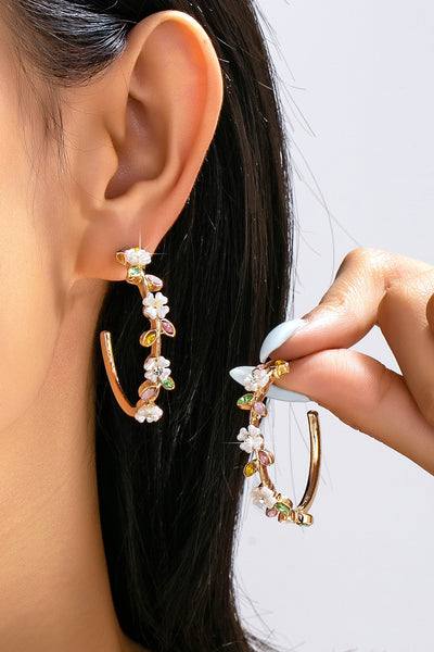 Botanical White Enamel Flowers Crystal Hoop Earrings | 80E62639