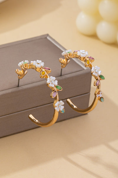 Botanical White Enamel Flowers Crystal Hoop Earrings | 80E62639