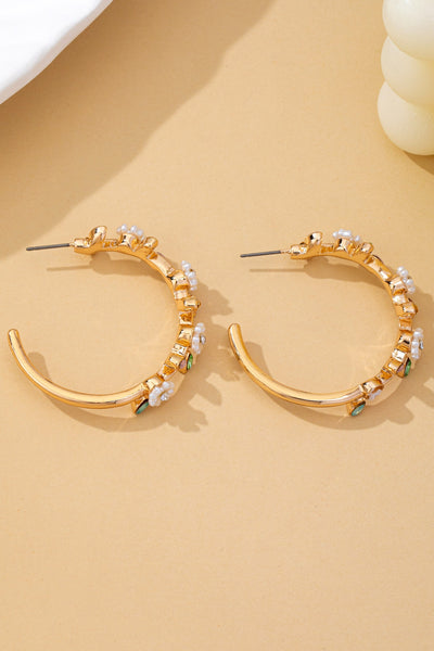 Botanical White Enamel Flowers Crystal Hoop Earrings | 80E62639