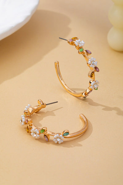 Botanical White Enamel Flowers Crystal Hoop Earrings | 80E62639