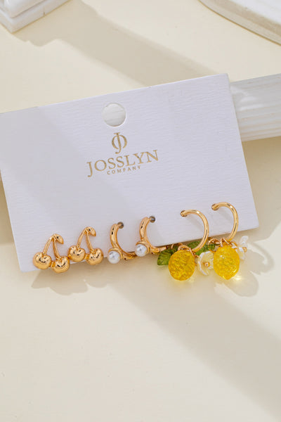 Cherry Studs Pearl Lemon Huggie Hoop Trio Earrings | 80E6267