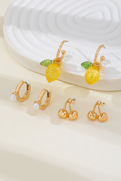 Cherry Studs Pearl Lemon Huggie Hoop Trio Earrings | 80E6267