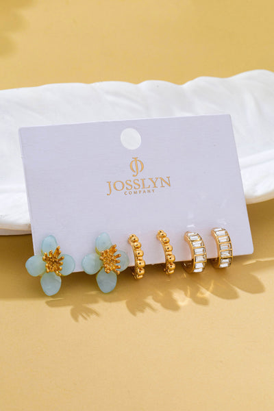 Resin Flower Stud & Baguette Huggie Hoop Trio Earring Set | 80E62686