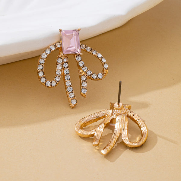 Emerald-Cut Pink Crystal Rhinestone Bow Earrings | 80E62598