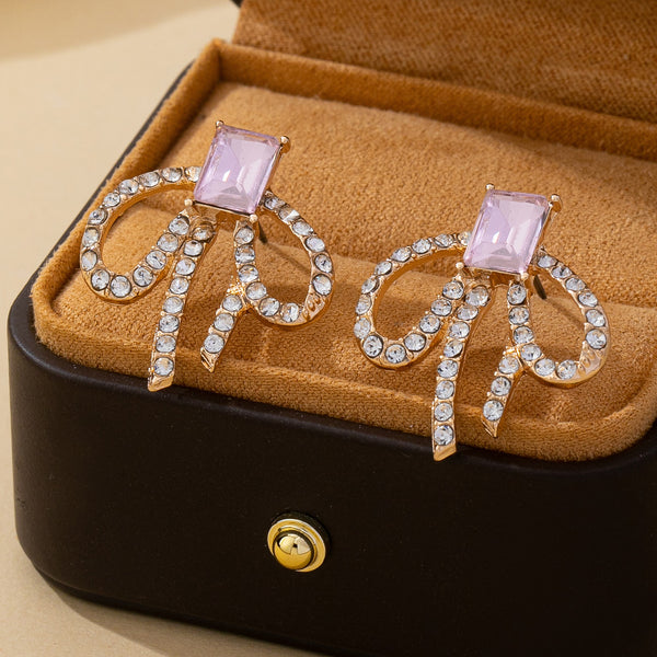 Emerald-Cut Pink Crystal Rhinestone Bow Earrings | 80E62598