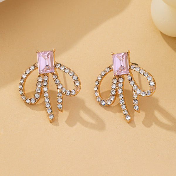 Emerald-Cut Pink Crystal Rhinestone Bow Earrings | 80E62598