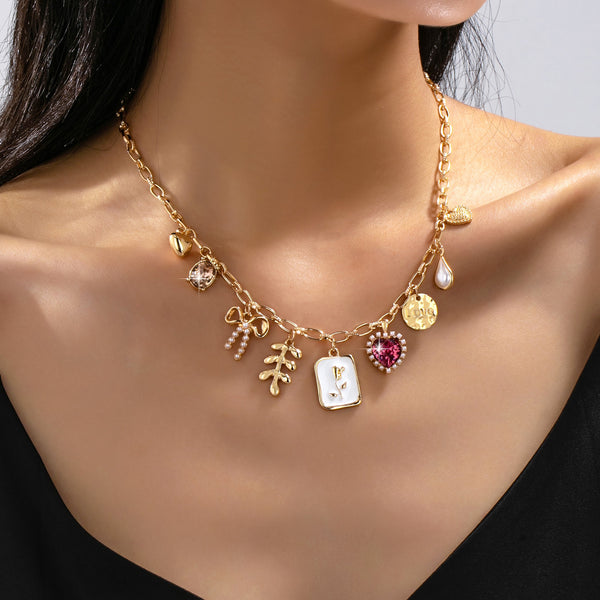 Romantic Pink Heart & Bow Multi-Charm Necklace | 80N93409