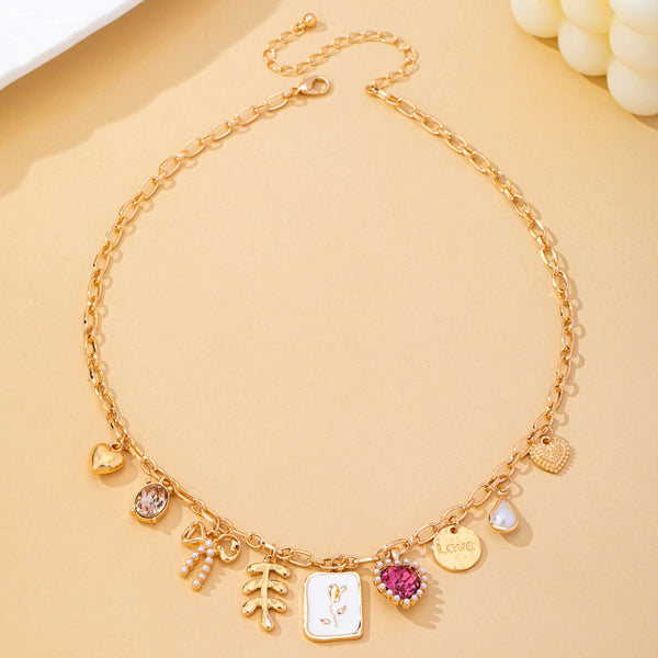 Romantic Pink Heart & Bow Multi-Charm Necklace | 80N93409