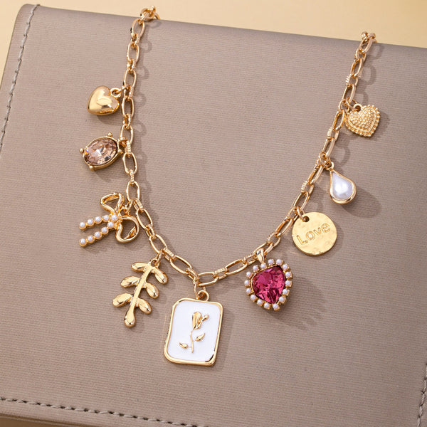 Romantic Pink Heart & Bow Multi-Charm Necklace | 80N93409