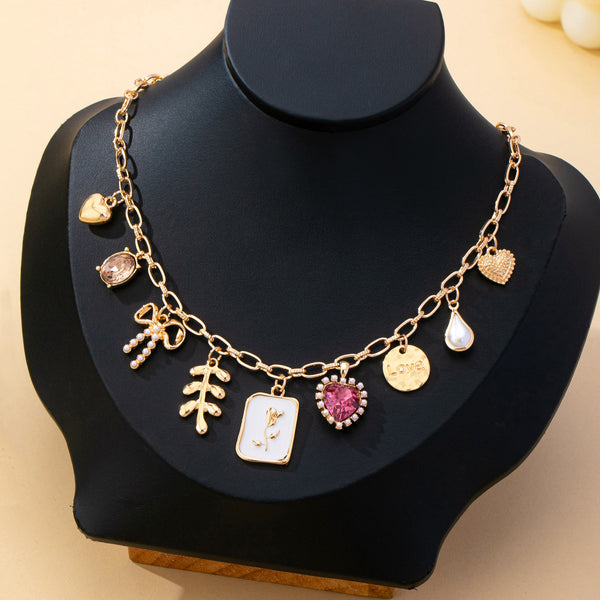 Romantic Pink Heart & Bow Multi-Charm Necklace | 80N93409
