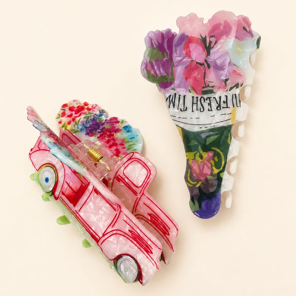 FLOWER BOUQUET & VINTAGE FLOWER TRUCK HAIR CLAW | 40H1150
