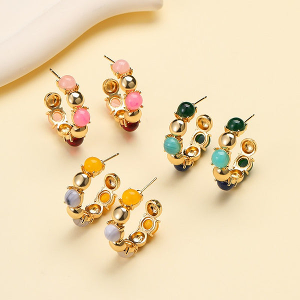 Multi-Color Cabochon Gold Hoop Earrings | 40E532
