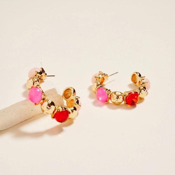 Multi-Color Cabochon Gold Hoop Earrings | 40E532