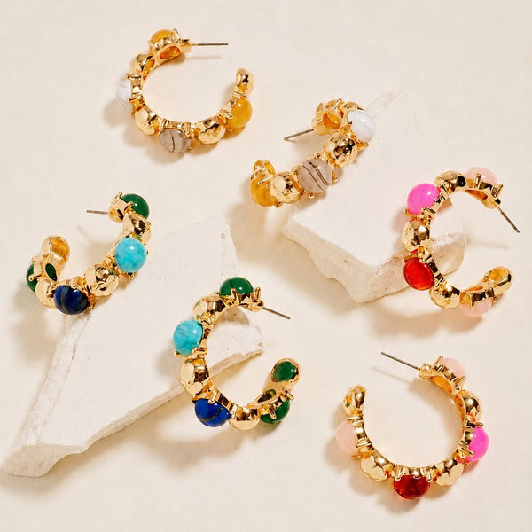 Multi-Color Cabochon Gold Hoop Earrings | 40E532