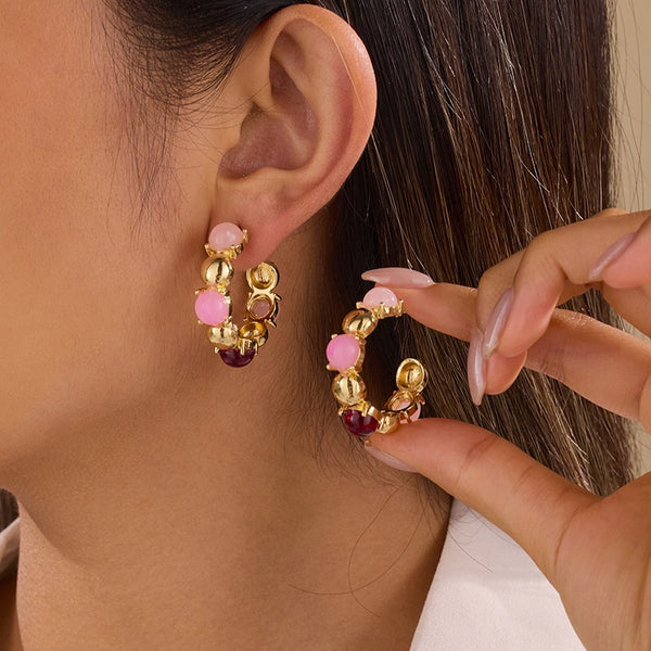 Multi-Color Cabochon Gold Hoop Earrings | 40E532