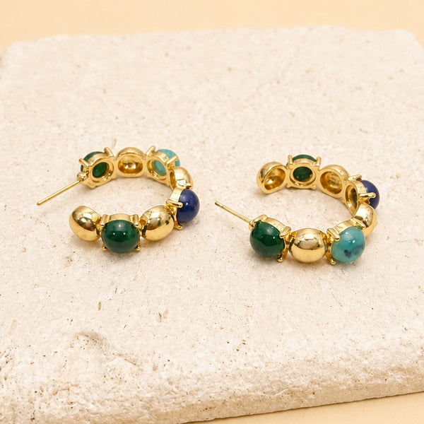 Multi-Color Cabochon Gold Hoop Earrings | 40E532