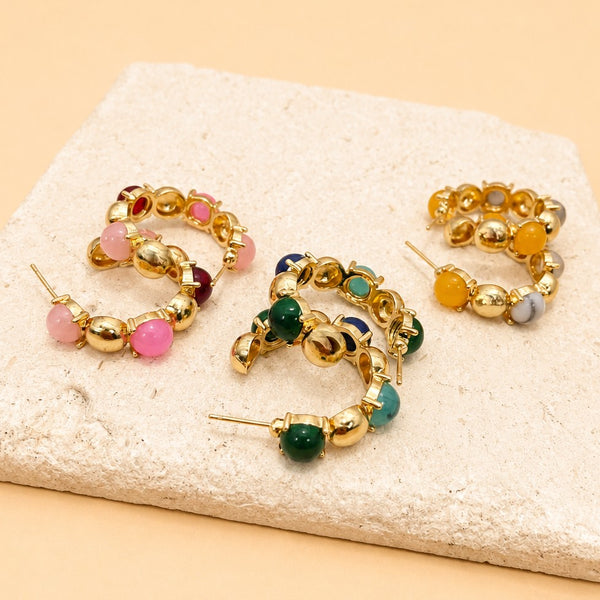 Multi-Color Cabochon Gold Hoop Earrings | 40E532
