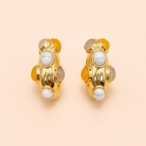 Multi-Color Cabochon Chunky Gold Hoop Earrings | 40E534
