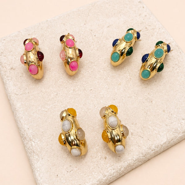 Multi-Color Cabochon Chunky Gold Hoop Earrings | 40E534