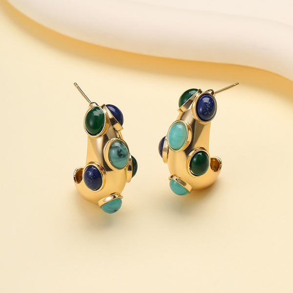 Multi-Color Cabochon Chunky Gold Hoop Earrings | 40E534