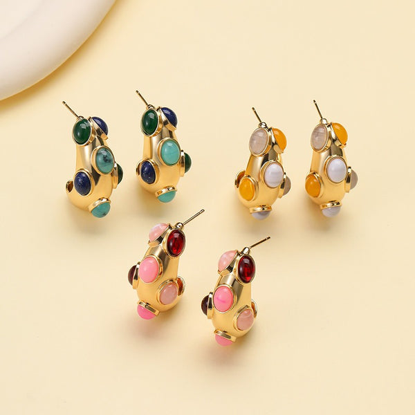 Multi-Color Cabochon Chunky Gold Hoop Earrings | 40E534