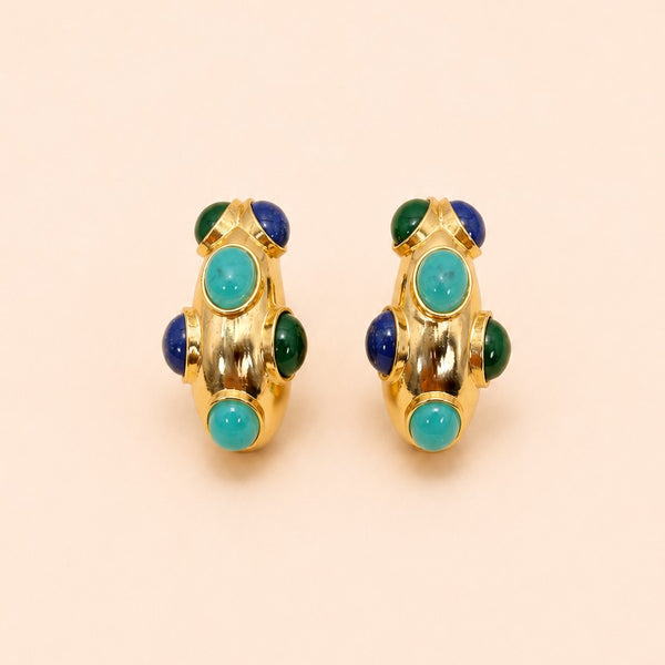 Multi-Color Cabochon Chunky Gold Hoop Earrings | 40E534