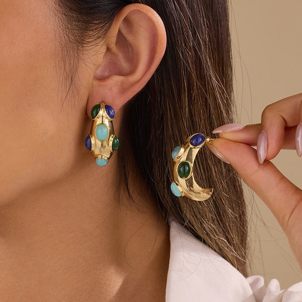 Multi-Color Cabochon Chunky Gold Hoop Earrings | 40E534