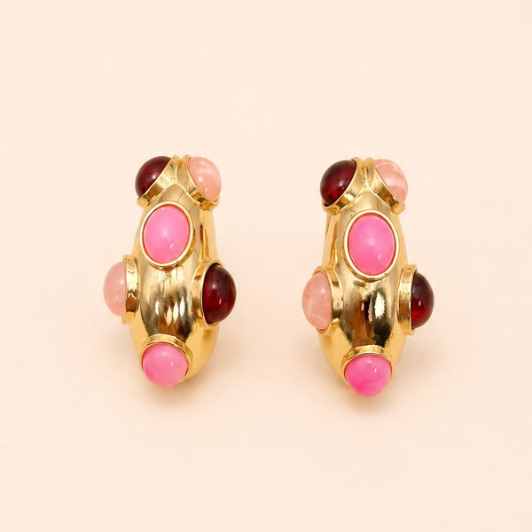 Multi-Color Cabochon Chunky Gold Hoop Earrings | 40E534