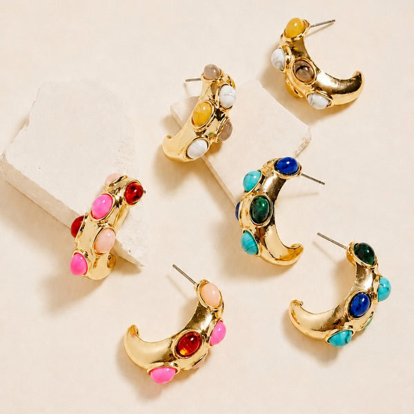 Multi-Color Cabochon Chunky Gold Hoop Earrings | 40E534