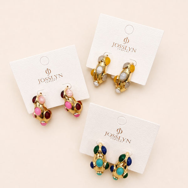 Multi-Color Cabochon Chunky Gold Hoop Earrings | 40E534