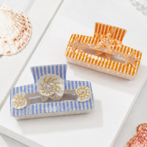 Coastal Striped Seashell & Starfish Hair Claw Clips| 40H1158