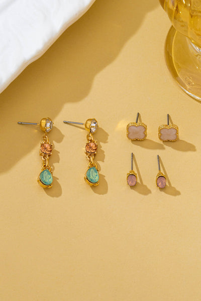 Mixed Clover Rhinestone Stud & Drop Trio Earring Set | 80E62676