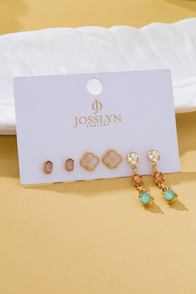 Mixed Clover Rhinestone Stud & Drop Trio Earring Set | 80E62676
