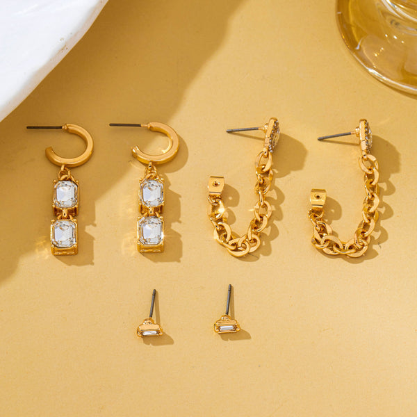 Stud Rhinestone Hoop & Chain Link Trio Earring Set| 80E62679