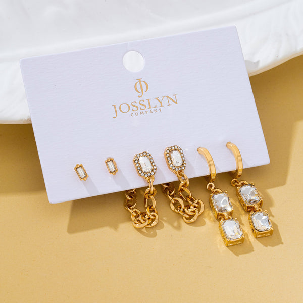 Stud Rhinestone Hoop & Chain Link Trio Earring Set| 80E62679