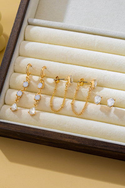 Crystal Stud & Linear Opal Drop Trio Earring Set | 80E62680