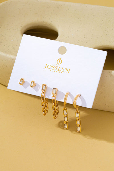 Geometric Baguette Stud & Chain Trio Earring Set | 80E62681