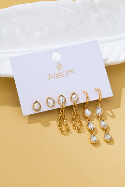Teardrop Crystal Chain Hoop Drop Trio Earring Set | 80E62682