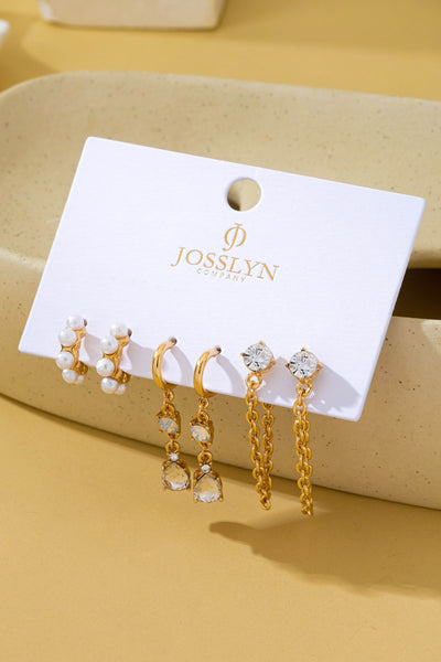 Pearl Hoop Crystal Drop Chain Trio Earring Set | 80E62685