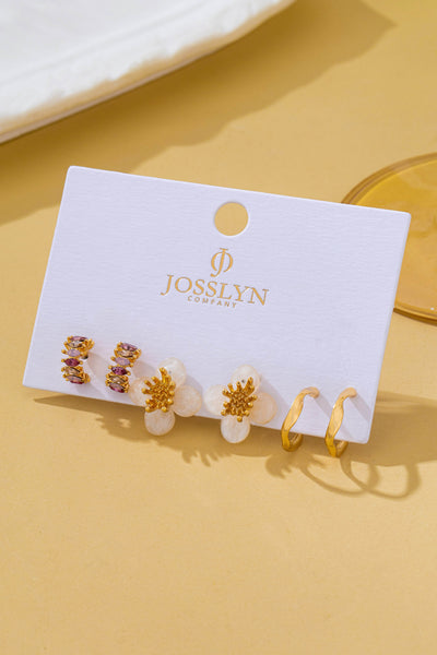 Resin Flower Crystal Gold Huggie Hoop Trio Earring Set | 80E62688